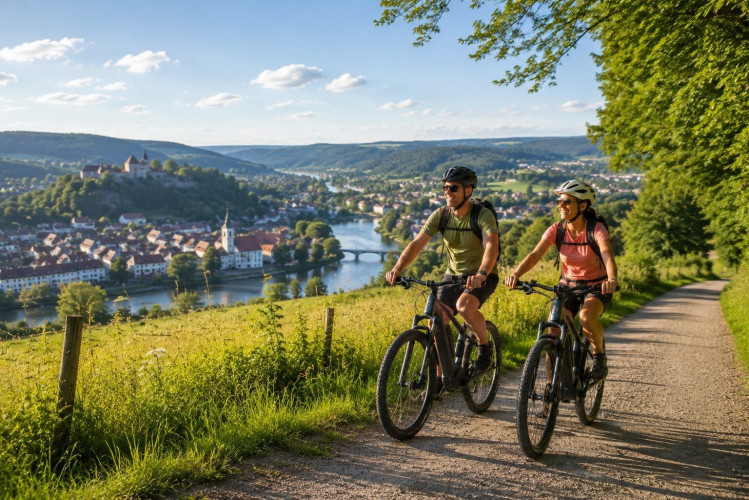 Radfahrer auf E-Bike-Tour im Südschwarzwald bei Waldshut-Tiengen nahe Hotel Bercher