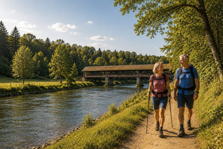 Wanderpaar an der Wutach bei Waldshut-Tiengen im Südschwarzwald nahe Hotel Bercher